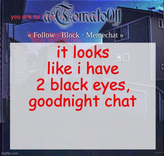 aTomato011 | it looks like i have 2 black eyes, goodnight chat | image tagged in atomato011 | made w/ Imgflip meme maker