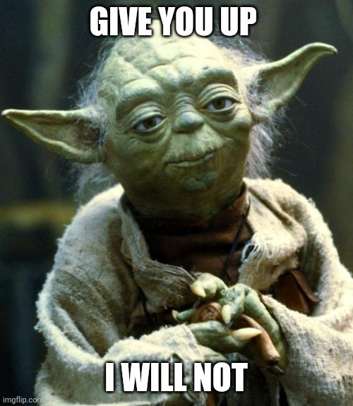 But what about letting us down? | GIVE YOU UP; I WILL NOT | image tagged in memes,star wars yoda | made w/ Imgflip meme maker