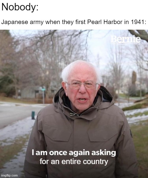 The US army about Pearl Harbor in 1941 | Nobody:; Japanese army when they first Pearl Harbor in 1941:; for an entire country | image tagged in memes,bernie i am once again asking for your support | made w/ Imgflip meme maker
