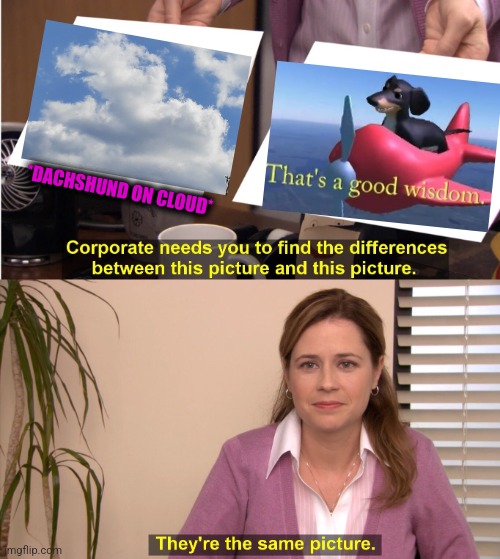-Wisdom sage rightness. | *DACHSHUND ON CLOUD* | image tagged in memes,they're the same picture,dachshund,cloud,that's a good wisdom,totally looks like | made w/ Imgflip meme maker