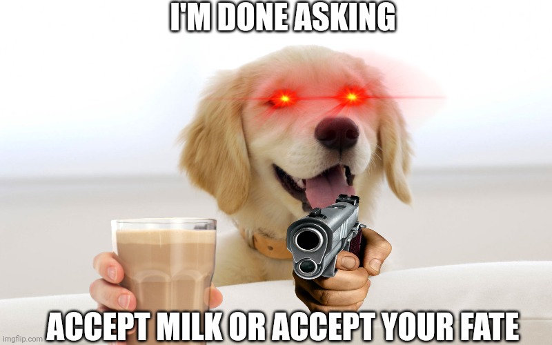 Milk dogo |  I'M DONE ASKING; ACCEPT MILK OR ACCEPT YOUR FATE | image tagged in cute dog | made w/ Imgflip meme maker