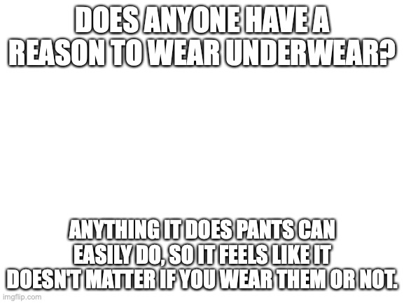I'm just curious | DOES ANYONE HAVE A REASON TO WEAR UNDERWEAR? ANYTHING IT DOES PANTS CAN EASILY DO, SO IT FEELS LIKE IT DOESN'T MATTER IF YOU WEAR THEM OR NOT. | image tagged in blank white template | made w/ Imgflip meme maker