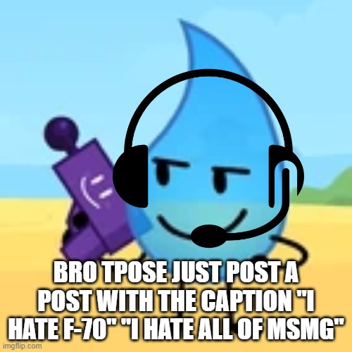 teardrop gaming | BRO TPOSE JUST POST A POST WITH THE CAPTION "I HATE F-70" "I HATE ALL OF MSMG" | image tagged in teardrop gaming | made w/ Imgflip meme maker