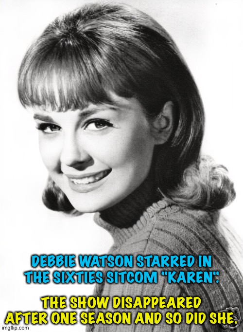 Fame is a fleeting thing | DEBBIE WATSON STARRED IN THE SIXTIES SITCOM "KAREN". THE SHOW DISAPPEARED AFTER ONE SEASON AND SO DID SHE. | image tagged in karen | made w/ Imgflip meme maker
