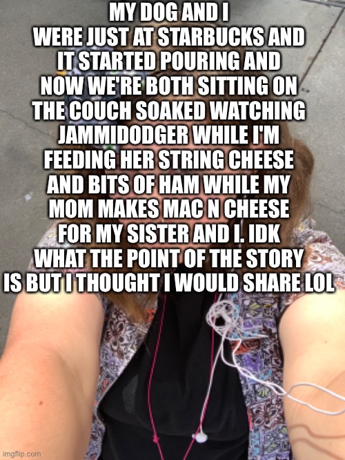 MY DOG AND I WERE JUST AT STARBUCKS AND IT STARTED POURING AND NOW WE'RE BOTH SITTING ON THE COUCH SOAKED WATCHING JAMMIDODGER WHILE I'M FEEDING HER STRING CHEESE AND BITS OF HAM WHILE MY MOM MAKES MAC N CHEESE FOR MY SISTER AND I. IDK WHAT THE POINT OF THE STORY IS BUT I THOUGHT I WOULD SHARE LOL | made w/ Imgflip meme maker