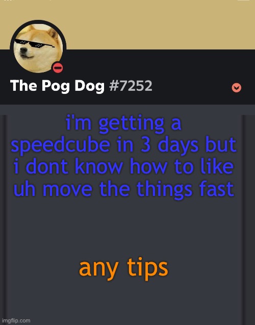 epic doggos epic discord temp | i'm getting a speedcube in 3 days but i dont know how to like uh move the things fast; any tips | image tagged in epic doggos epic discord temp | made w/ Imgflip meme maker