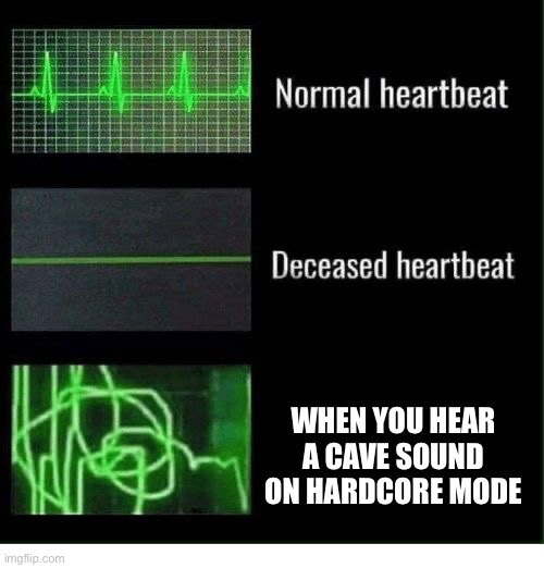 Minecraft meme | WHEN YOU HEAR A CAVE SOUND ON HARDCORE MODE | image tagged in normal heartbeat deceased heartbeat | made w/ Imgflip meme maker