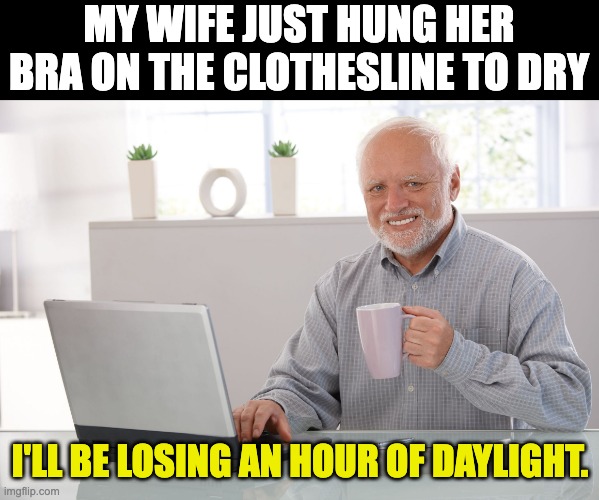 Daylight | MY WIFE JUST HUNG HER BRA ON THE CLOTHESLINE TO DRY; I'LL BE LOSING AN HOUR OF DAYLIGHT. | image tagged in hide the pain harold large | made w/ Imgflip meme maker