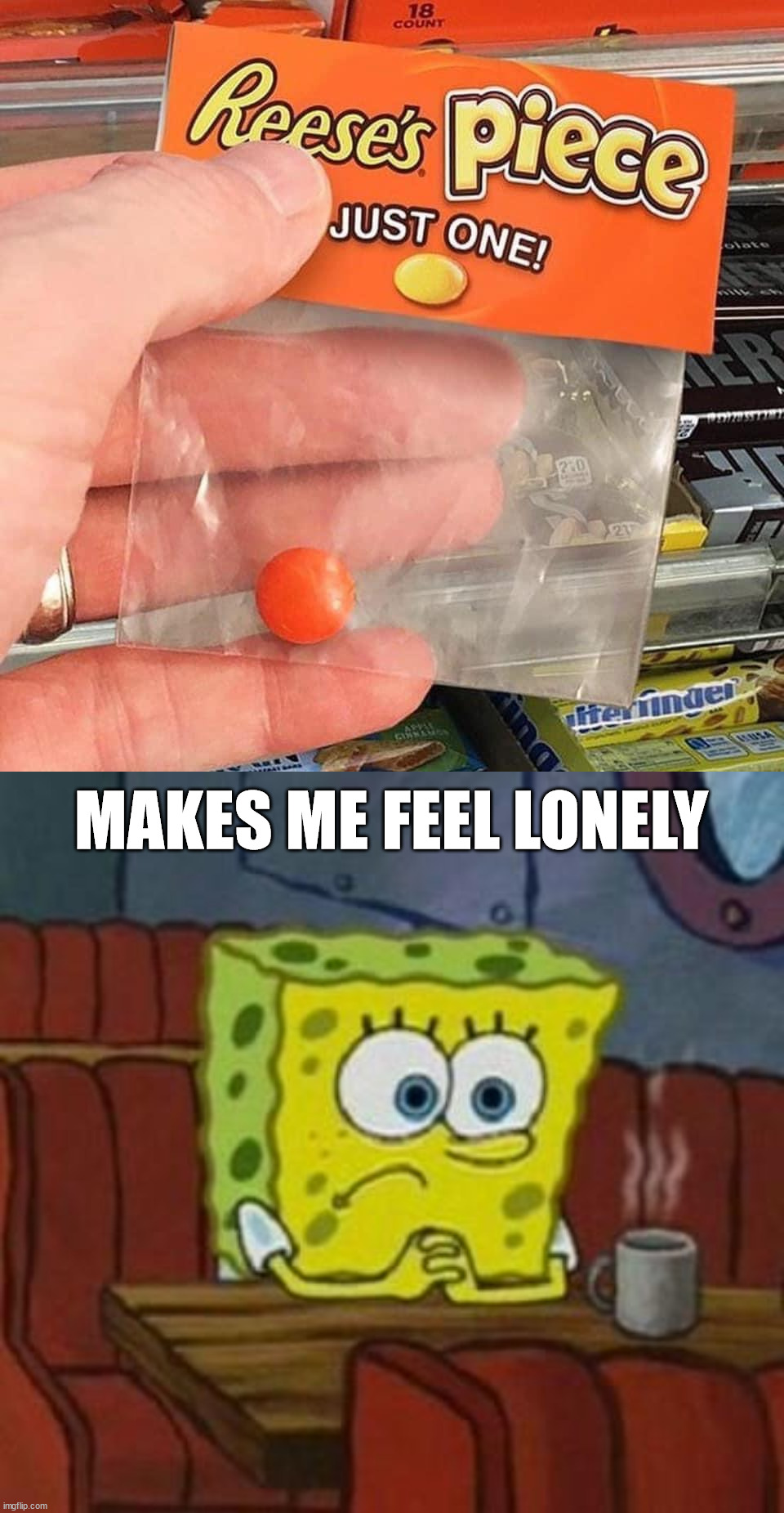 MAKES ME FEEL LONELY | image tagged in lonely spongebob,fake | made w/ Imgflip meme maker