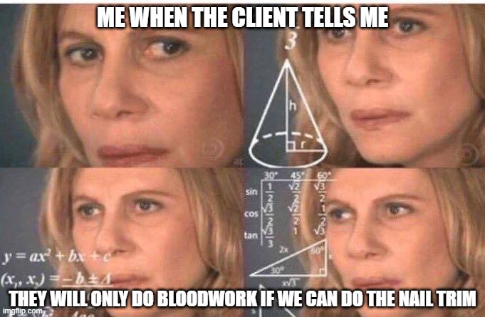 Nail trims > Bloodwork? | ME WHEN THE CLIENT TELLS ME; THEY WILL ONLY DO BLOODWORK IF WE CAN DO THE NAIL TRIM | image tagged in math lady/confused lady | made w/ Imgflip meme maker