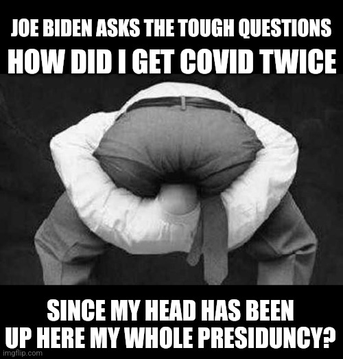 Joe wants to know. | JOE BIDEN ASKS THE TOUGH QUESTIONS; HOW DID I GET COVID TWICE; SINCE MY HEAD HAS BEEN UP HERE MY WHOLE PRESIDUNCY? | image tagged in head up ass | made w/ Imgflip meme maker