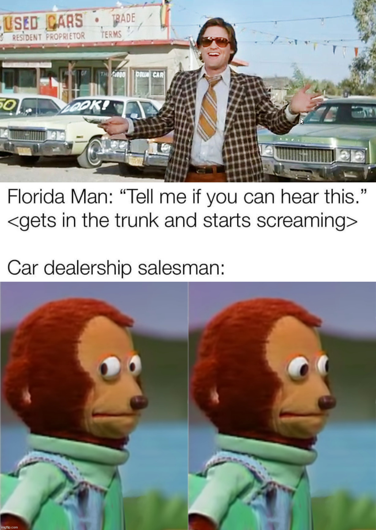 Can you hear the screams? | image tagged in used car salesman,awkward look,screaming,cars | made w/ Imgflip meme maker