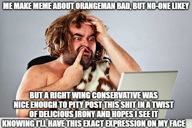Neanderthal cave man Trumptard Trump voter | ME MAKE MEME ABOUT ORANGEMAN BAD, BUT NO-ONE LIKEY; BUT A RIGHT WING CONSERVATIVE WAS NICE ENOUGH TO PITY POST THIS SHIT IN A TWIST OF DELICIOUS IRONY AND HOPES I SEE IT KNOWING I'LL HAVE THIS EXACT EXPRESSION ON MY FACE | image tagged in neanderthal cave man trumptard trump voter | made w/ Imgflip meme maker