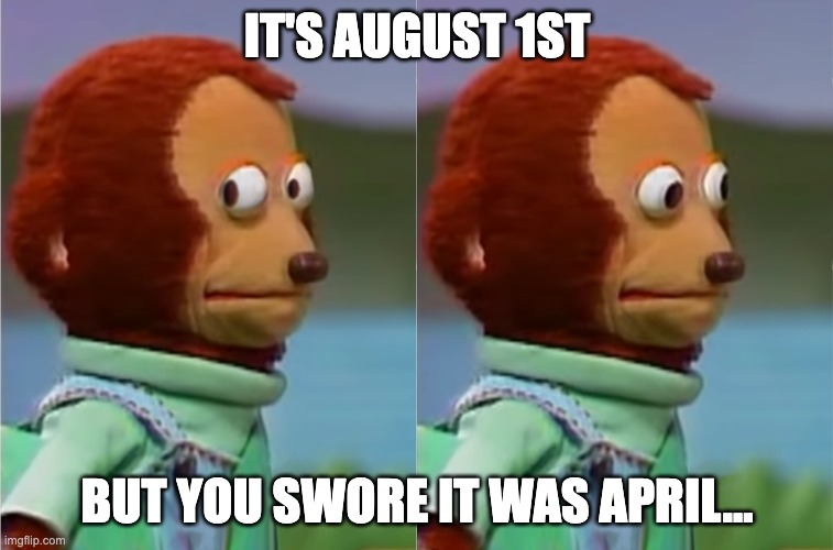 Swore it was August... | IT'S AUGUST 1ST; BUT YOU SWORE IT WAS APRIL... | image tagged in puppet monkey looking away | made w/ Imgflip meme maker
