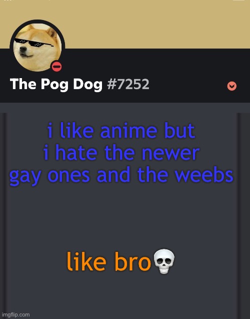 epic doggos epic discord temp | i like anime but i hate the newer gay ones and the weebs; like bro💀 | image tagged in epic doggos epic discord temp | made w/ Imgflip meme maker