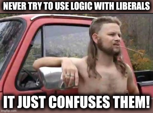 almost politically correct redneck | NEVER TRY TO USE LOGIC WITH LIBERALS IT JUST CONFUSES THEM! | image tagged in almost politically correct redneck | made w/ Imgflip meme maker