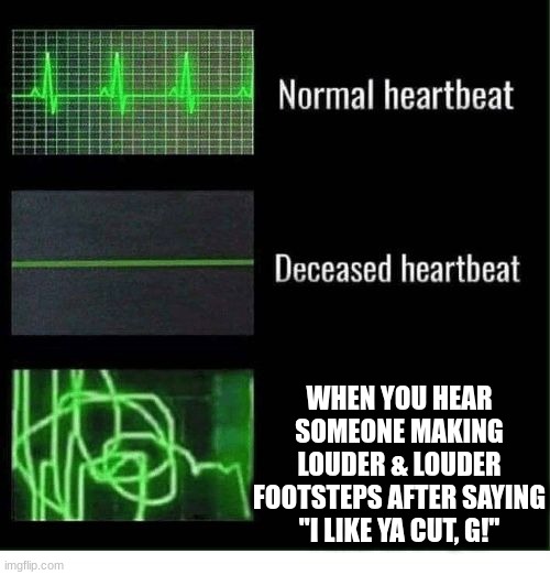 Heartbeat in different scenarios | WHEN YOU HEAR SOMEONE MAKING LOUDER & LOUDER FOOTSTEPS AFTER SAYING "I LIKE YA CUT, G!" | image tagged in normal heartbeat deceased heartbeat | made w/ Imgflip meme maker
