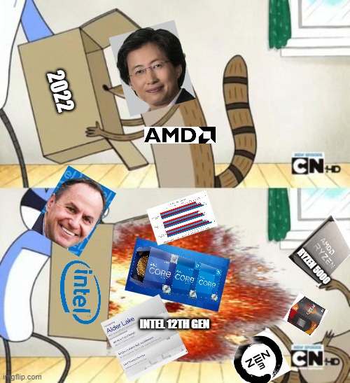 cpu battle in 2022 be like | 2022; RYZEN 5000; INTEL 12TH GEN | image tagged in mordecai punches rigby through a box,computers,pc gaming,funny memes,2022,pc | made w/ Imgflip meme maker