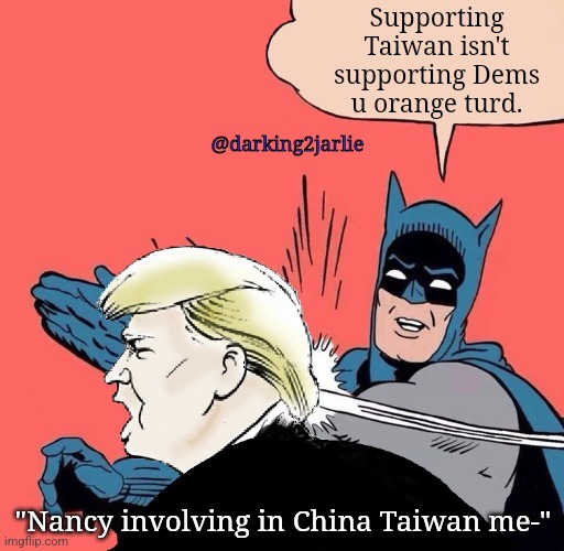 If you don't support Taiwan. You're anti-Freedom, pro-CCP. | Supporting Taiwan isn't supporting Dems u orange turd. @darking2jarlie; "Nancy involving in China Taiwan me-" | image tagged in trump,democrats,republicans,freedom,taiwan,china | made w/ Imgflip meme maker