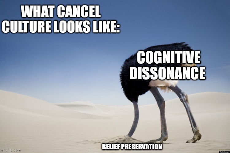 Ostrich head in sand | WHAT CANCEL CULTURE LOOKS LIKE:; COGNITIVE DISSONANCE; BELIEF PRESERVATION | image tagged in ostrich head in sand | made w/ Imgflip meme maker