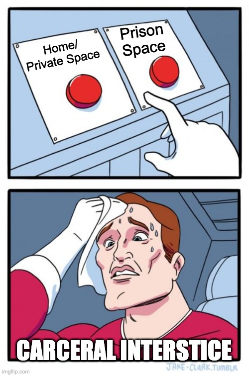 Carceral Interstice | Prison Space; Home/ Private Space; CARCERAL INTERSTICE | image tagged in memes,two buttons | made w/ Imgflip meme maker
