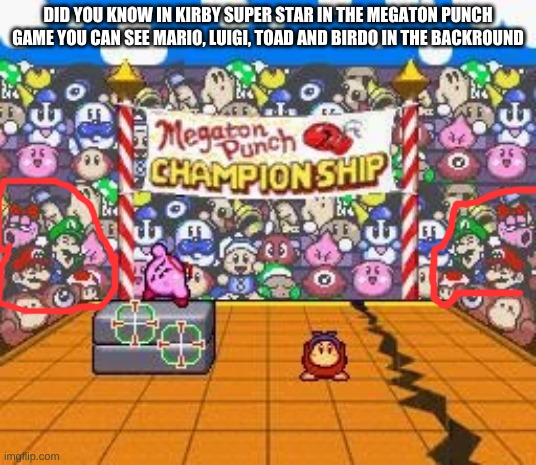 fun fact | DID YOU KNOW IN KIRBY SUPER STAR IN THE MEGATON PUNCH GAME YOU CAN SEE MARIO, LUIGI, TOAD AND BIRDO IN THE BACKROUND | image tagged in kirby,trivia | made w/ Imgflip meme maker