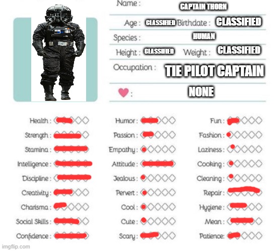 Oc info chart | CAPTAIN THORN; CLASSIFIED; CLASSIFIED; HUMAN; CLASSIFIED; CLASSIFIED; TIE PILOT CAPTAIN; NONE | image tagged in oc info chart | made w/ Imgflip meme maker