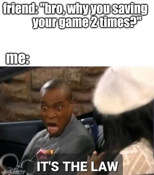 It's The Law | friend: "bro, why you saving 
             your game 2 times?"; me: | image tagged in it's the law,memes | made w/ Imgflip meme maker