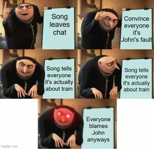 gru's plan red eyes | Convince everyone it's John's fault; Song leaves chat; Song tells everyone it's actually about train; Song tells everyone it's actually about train; Everyone blames John anyways | image tagged in gru's plan red eyes,PCMOlympics | made w/ Imgflip meme maker
