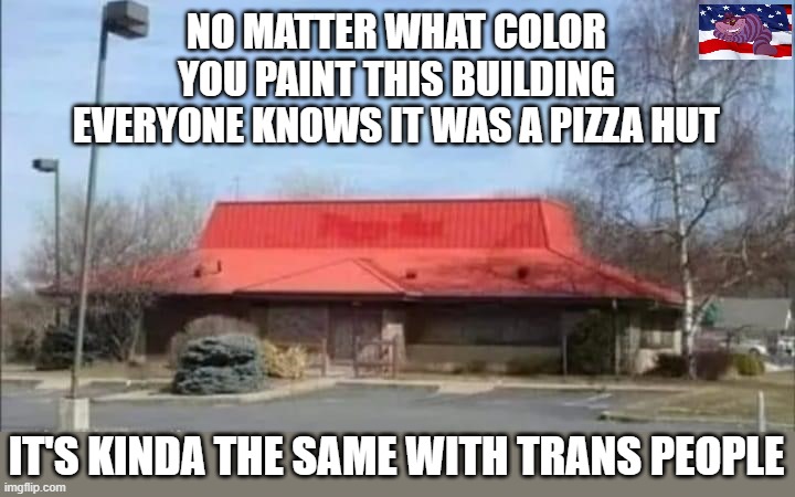 Something about putting lipstick on a pig | NO MATTER WHAT COLOR YOU PAINT THIS BUILDING EVERYONE KNOWS IT WAS A PIZZA HUT; IT'S KINDA THE SAME WITH TRANS PEOPLE | image tagged in pizza hut | made w/ Imgflip meme maker