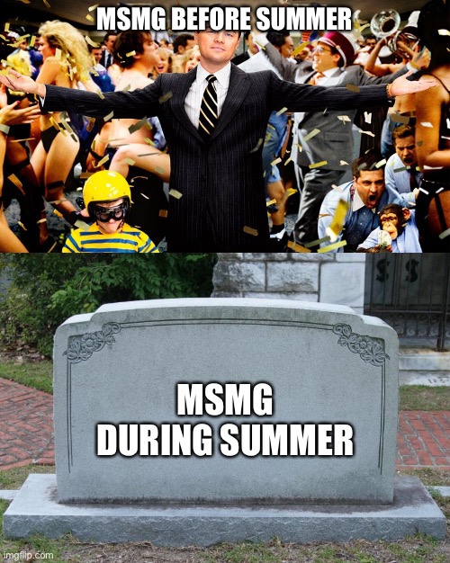 MSMG BEFORE SUMMER; MSMG DURING SUMMER | image tagged in wolf party,gravestone | made w/ Imgflip meme maker