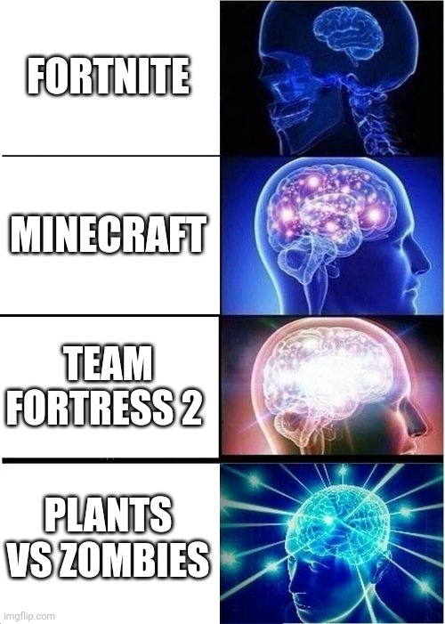 pvz is my childhood | FORTNITE; MINECRAFT; TEAM FORTRESS 2; PLANTS VS ZOMBIES | image tagged in memes,expanding brain,giga chad,funny,gaming,plants vs zombies | made w/ Imgflip meme maker