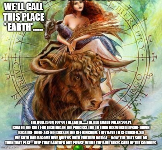 WE'LL CALL THIS PLACE ' EARTH'...... THE BULL IS ON TOP OF THE EARTH......THE RED (MAD) QUEEN SCAPE GOATED THE BULL FOR FIGHTING IN THE PROC | made w/ Imgflip meme maker