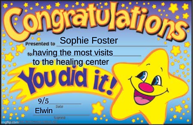 Happy Star Congratulations | Sophie Foster; having the most visits to the healing center; 9/5; Elwin | image tagged in memes,happy star congratulations | made w/ Imgflip meme maker