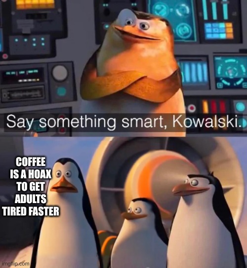 Say something smart Kowalski | COFFEE IS A HOAX TO GET ADULTS TIRED FASTER | image tagged in say something smart kowalski | made w/ Imgflip meme maker