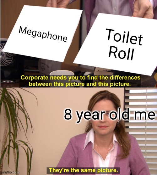 They're The Same Picture | Megaphone; Toilet Roll; 8 year old me | image tagged in memes,they're the same picture | made w/ Imgflip meme maker