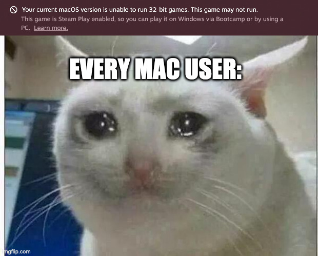 sad :( | EVERY MAC USER: | image tagged in crying cat,gaming,macos,apple,32 bit | made w/ Imgflip meme maker