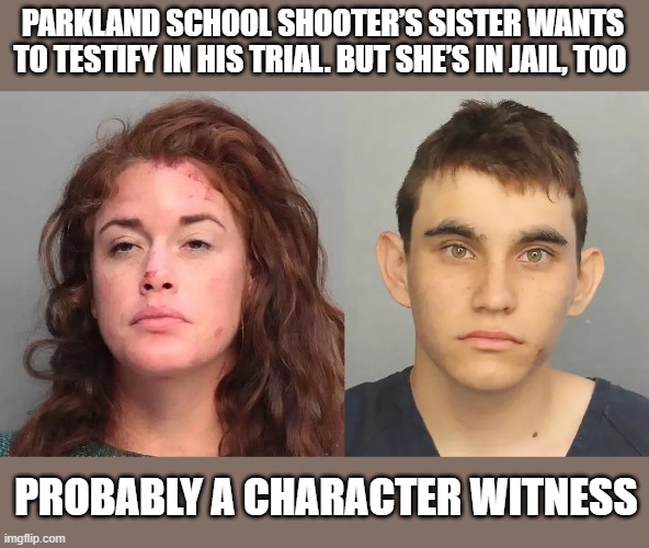 Character Witness | PARKLAND SCHOOL SHOOTER’S SISTER WANTS TO TESTIFY IN HIS TRIAL. BUT SHE’S IN JAIL, TOO; PROBABLY A CHARACTER WITNESS | image tagged in crime,idiocracy,slim shady | made w/ Imgflip meme maker