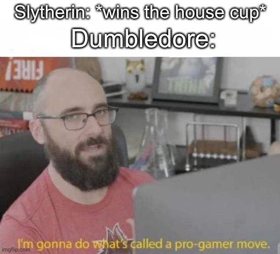stupid title |  Dumbledore:; Slytherin: *wins the house cup* | image tagged in pro gamer move,harry potter,dumbledore,vsauce | made w/ Imgflip meme maker