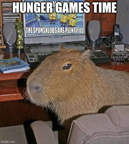 capybara watching spunsklobs | HUNGER GAMES TIME | image tagged in capybara watching spunsklobs | made w/ Imgflip meme maker