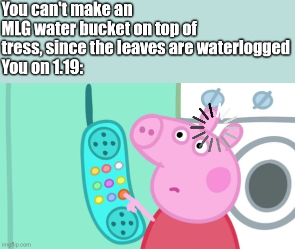Waterlogged leaves | You can't make an MLG water bucket on top of tress, since the leaves are waterlogged
You on 1.19: | image tagged in peppa pig phone,gaming,minecraft,memes,funny | made w/ Imgflip meme maker