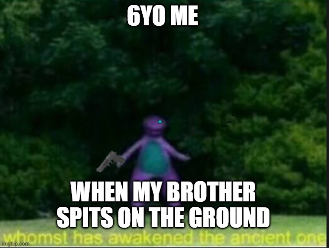 whomst has awoken the ancient one | 6YO ME; WHEN MY BROTHER SPITS ON THE GROUND | image tagged in whomst has awoken the ancient one | made w/ Imgflip meme maker