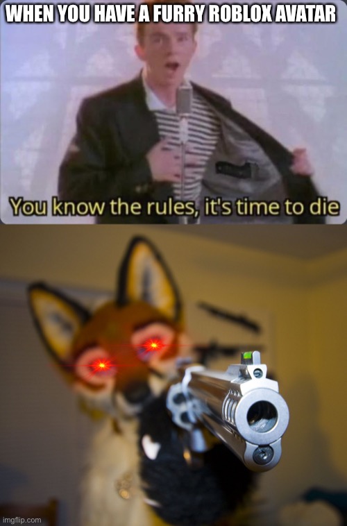 Furrys not trash | WHEN YOU HAVE A FURRY ROBLOX AVATAR | image tagged in you know the rules it's time to die,furry with gun,no bullys | made w/ Imgflip meme maker