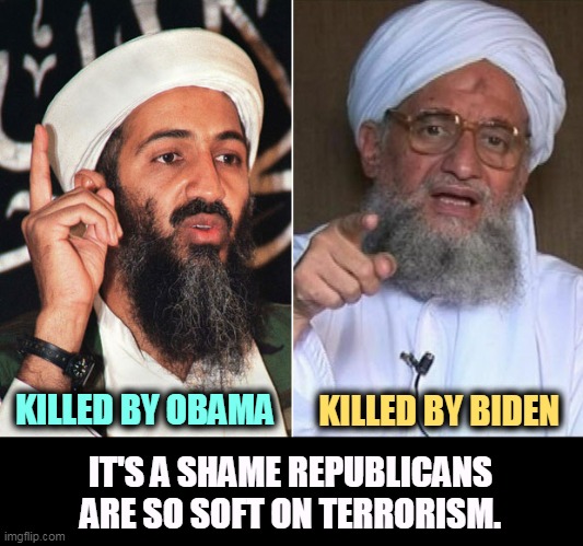 If Trump were president, he'd take credit for the Creation. | KILLED BY BIDEN; KILLED BY OBAMA; IT'S A SHAME REPUBLICANS ARE SO SOFT ON TERRORISM. | image tagged in obama,biden,kill,9/11,terrorists | made w/ Imgflip meme maker