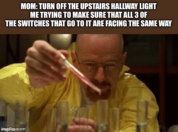 Autistic problems | MOM: TURN OFF THE UPSTAIRS HALLWAY LIGHT
ME TRYING TO MAKE SURE THAT ALL 3 OF THE SWITCHES THAT GO TO IT ARE FACING THE SAME WAY | image tagged in walter white cooking,autism,autistic | made w/ Imgflip meme maker