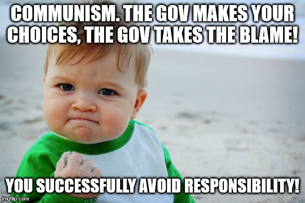 Success Government Did It | COMMUNISM. THE GOV MAKES YOUR CHOICES, THE GOV TAKES THE BLAME! YOU SUCCESSFULLY AVOID RESPONSIBILITY! | image tagged in memes,success kid original | made w/ Imgflip meme maker