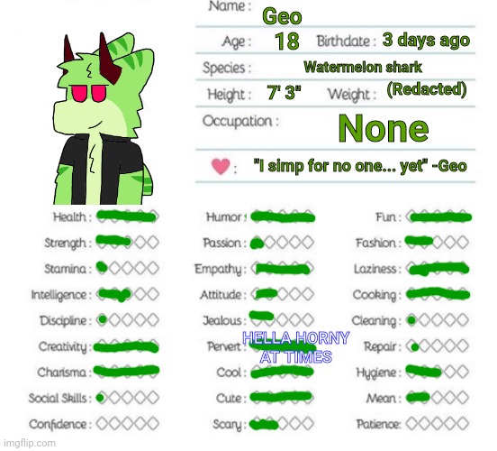 I did one of these things for geo (my art in top left) | Geo; 3 days ago; 18; Watermelon shark; (Redacted); 7' 3"; None; "I simp for no one... yet" -Geo; HELLA HORNY 
AT TIMES | image tagged in oc info chart | made w/ Imgflip meme maker