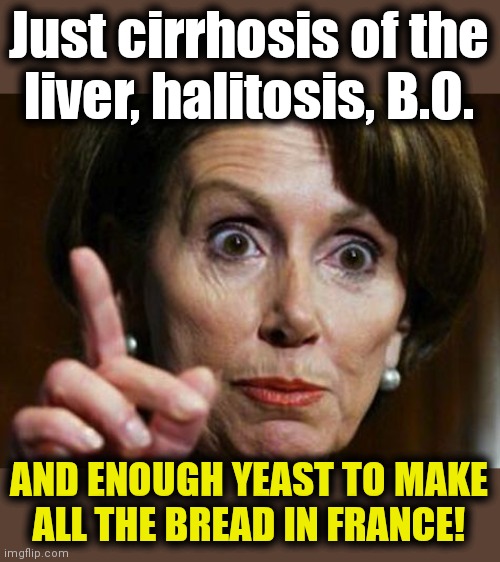 Nancy Pelosi No Spending Problem | Just cirrhosis of the
liver, halitosis, B.O. AND ENOUGH YEAST TO MAKE
ALL THE BREAD IN FRANCE! | image tagged in nancy pelosi no spending problem | made w/ Imgflip meme maker