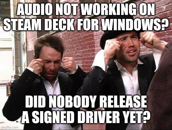 It's Always Sunny Crying | AUDIO NOT WORKING ON STEAM DECK FOR WINDOWS? DID NOBODY RELEASE A SIGNED DRIVER YET? | image tagged in it's always sunny crying | made w/ Imgflip meme maker