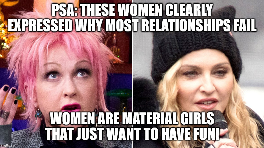 Material Girls Just Wanna Have Fun | PSA: THESE WOMEN CLEARLY EXPRESSED WHY MOST RELATIONSHIPS FAIL; WOMEN ARE MATERIAL GIRLS THAT JUST WANT TO HAVE FUN! | made w/ Imgflip meme maker
